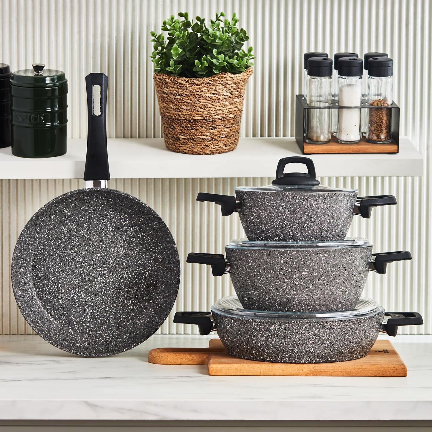 KARACA Gris Bio Granit 7-Teiliges, Topfset/Pfannensets, Antihaftbeschichtung, Topf Pfannenset mit Glasdeckeln, Kochgeschirr Set, Kochtopfsets, 3 Topf mit Glasdeckel + Pfannen