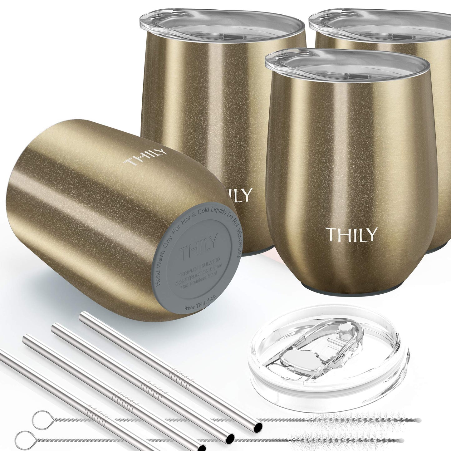 THILY Edelstahl-Weinglas 340 ml – Funkelndes Champagner, vakuumisoliert mit Deckel & Strohhalm