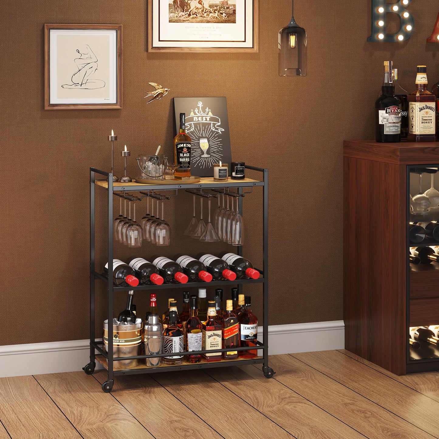 Lifewit Servierwagen, 3-stöckiger Barwagen mit blockierbaren Rädern, Weinregal und Glashaltern, Küchenwagen, Esszimmer, Wohnzimmer, 63,2 x 30 x 81,5 cm, Rustikales Braun