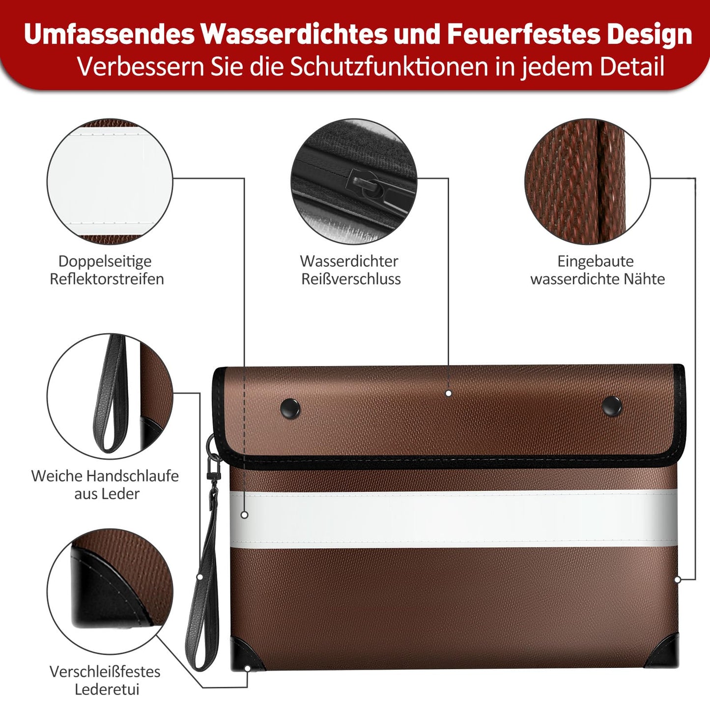 Vailoin 5200℉ Feuerfeste Tasche mit Reißverschluss,(28x19cm) Dokumententasche Feuerfest Wasserdicht,Geldtaschen Banktasche,Dokumentenkoffer Aktentasche für A5 Dokumente,Passport(Braun)