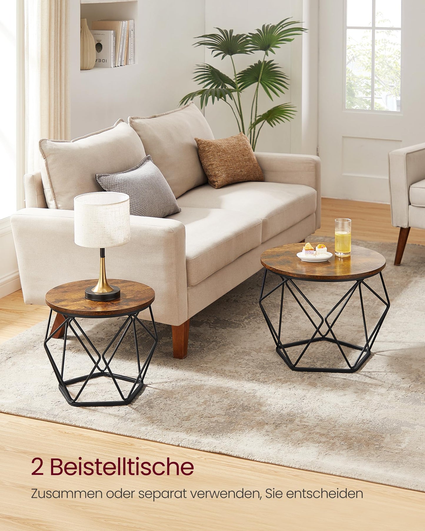 VASAGLE 2er-Set Runder Couchtisch, Vintage Braun/Tinten Schwarz, Beistelltisch mit Abnehmbarer Platte, Industrie-Vintage für Wohnzimmer