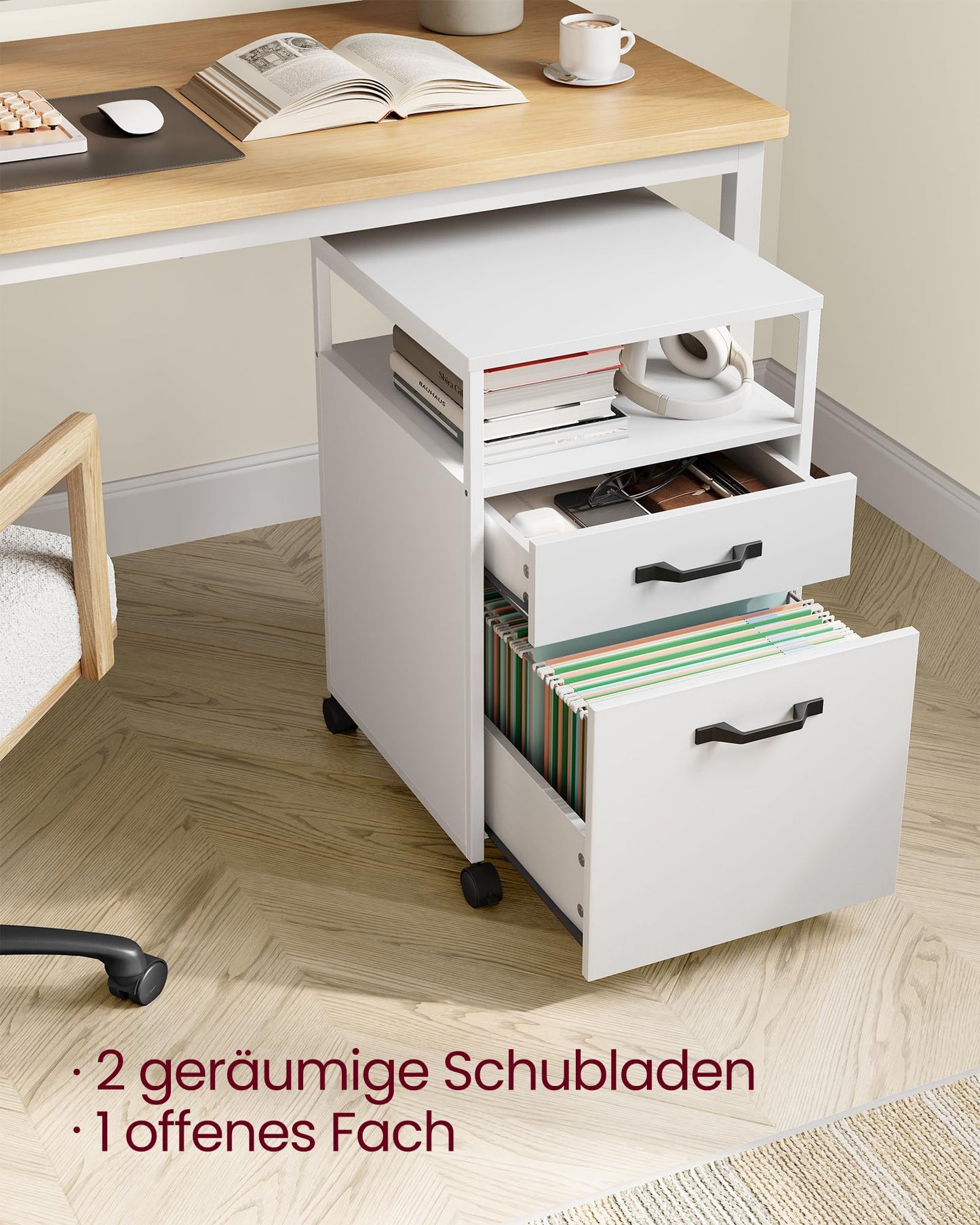 VASAGLE Rollcontainer, Aktenschrank mit 2 Schubladen, mobiler Büroschrank mit Rädern, offenes Fach, Hängeregistratur, Stahlgestell, modern, wolkenweiß OFC071W14