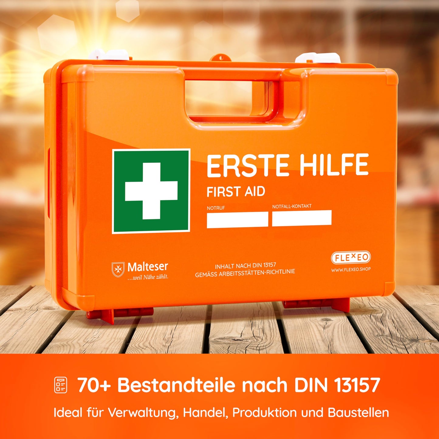 Erste Hilfe Koffer nach neuer DIN 13157:2021 | Gefüllt, inkl. Wandhalterung, 5x Aufkleber, Prüfsticker & 3x Plomben | Erste Hilfe Kasten/Verbandkasten für Betriebe, Unternehmen, Büro & Zuhause