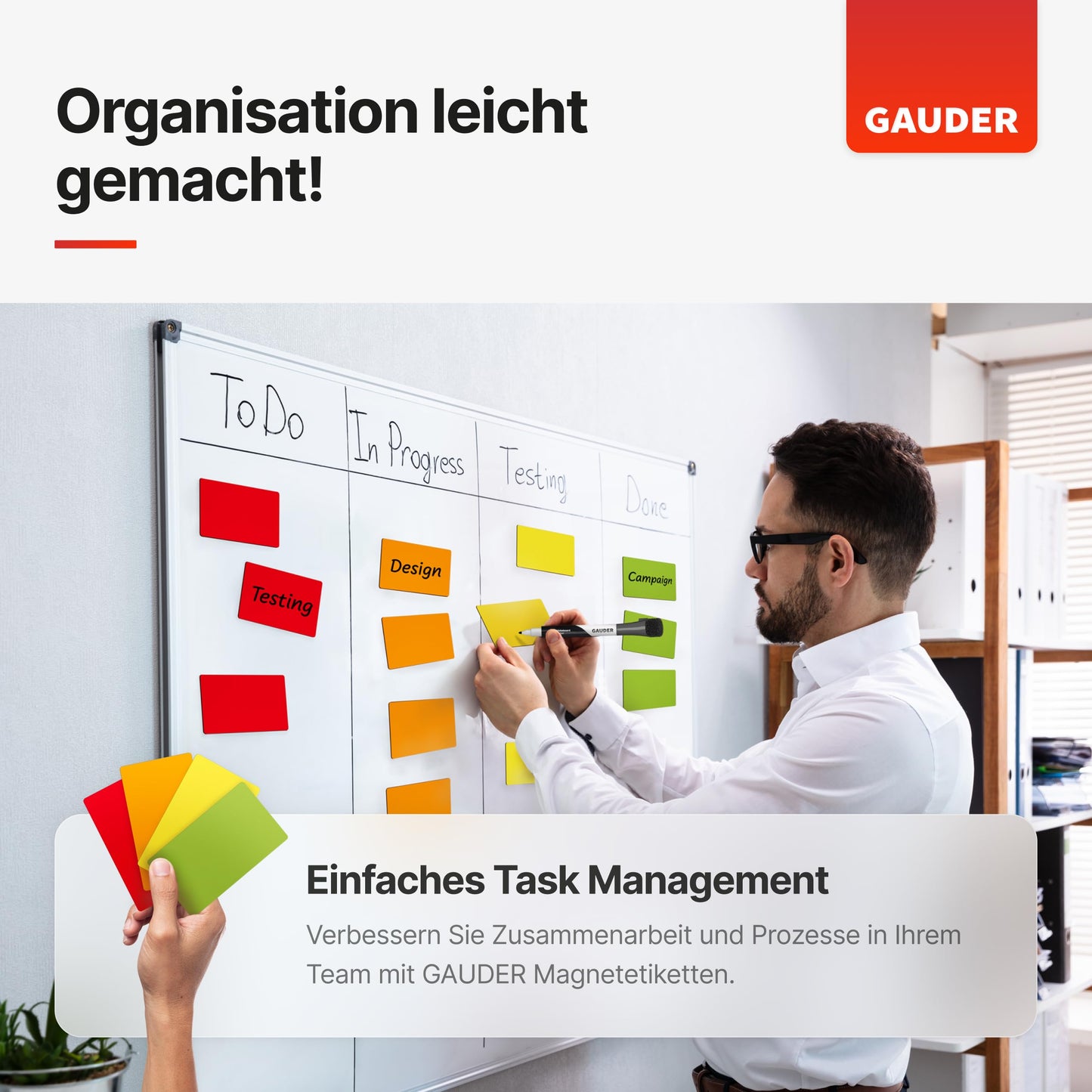 GAUDER Magnetetiketten beschreibbar (75 x 25 mm) | 90 Stück Magnetschilder zum Beschriften | Magnetkarten ideal für Kanban Board, Whiteboard & Tafel