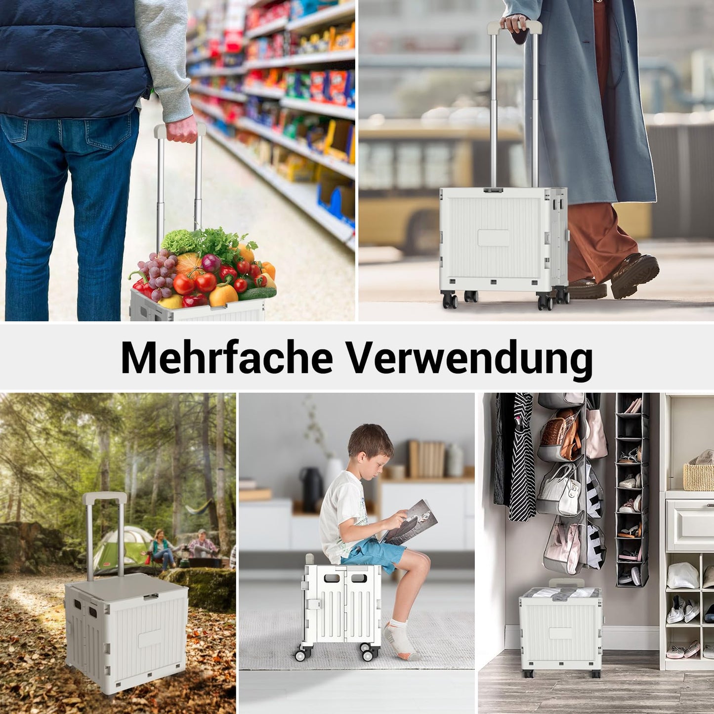 Meisax Einkaufstrolley klappbar, Einkaufswagen bis 30 kg, Transportbox mit 4 Rollen, Shopping Trolley Verstellbarer Aluminium Griff, Klappbar Transport Trolley für Einkaufen, Reisen, Büro (Grau)