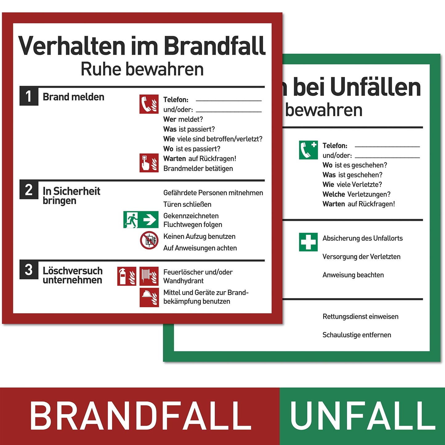 Verhalten im Brandfall und bei Unfällen (Schilder Set - 18x20cm) - Plakat für Büro und Betrieb nach ISO 7010 - Erste Hilfe Schild für Brand und Unfall - Aushang Notfallplan für Brandschutz