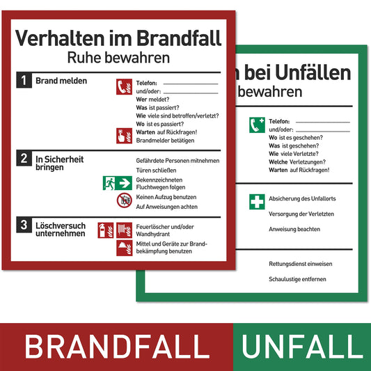 Verhalten im Brandfall und bei Unfällen (Schilder Set - 18x20cm) - Plakat für Büro und Betrieb nach ISO 7010 - Erste Hilfe Schild für Brand und Unfall - Aushang Notfallplan für Brandschutz