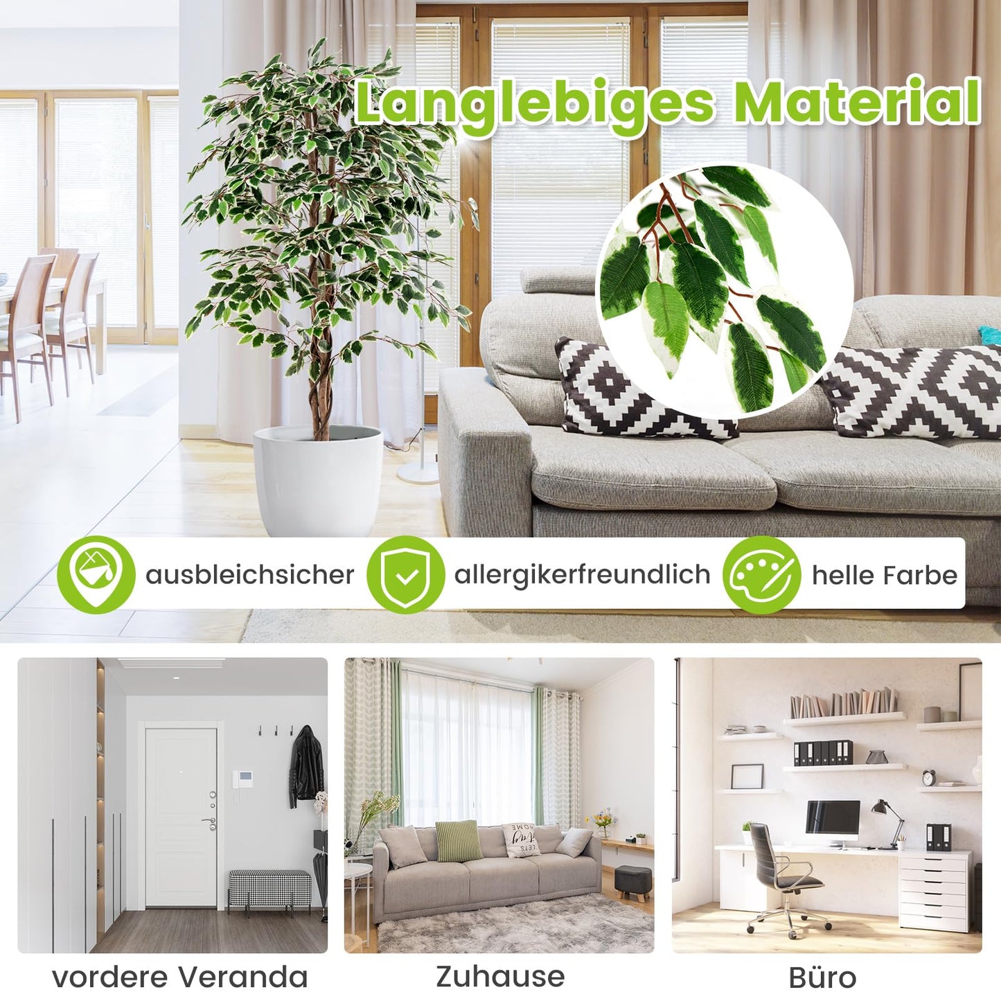 COSTWAY 160 cm Kunstpflanze grün, Künstliche Pflanze Ficus Benjamin, Dekopflanze mit natürlichem Holzstamm & Blättern, Zimmerpflanze Deko, Kunstbaum Innendekoration, für Zuhause Garten Büro