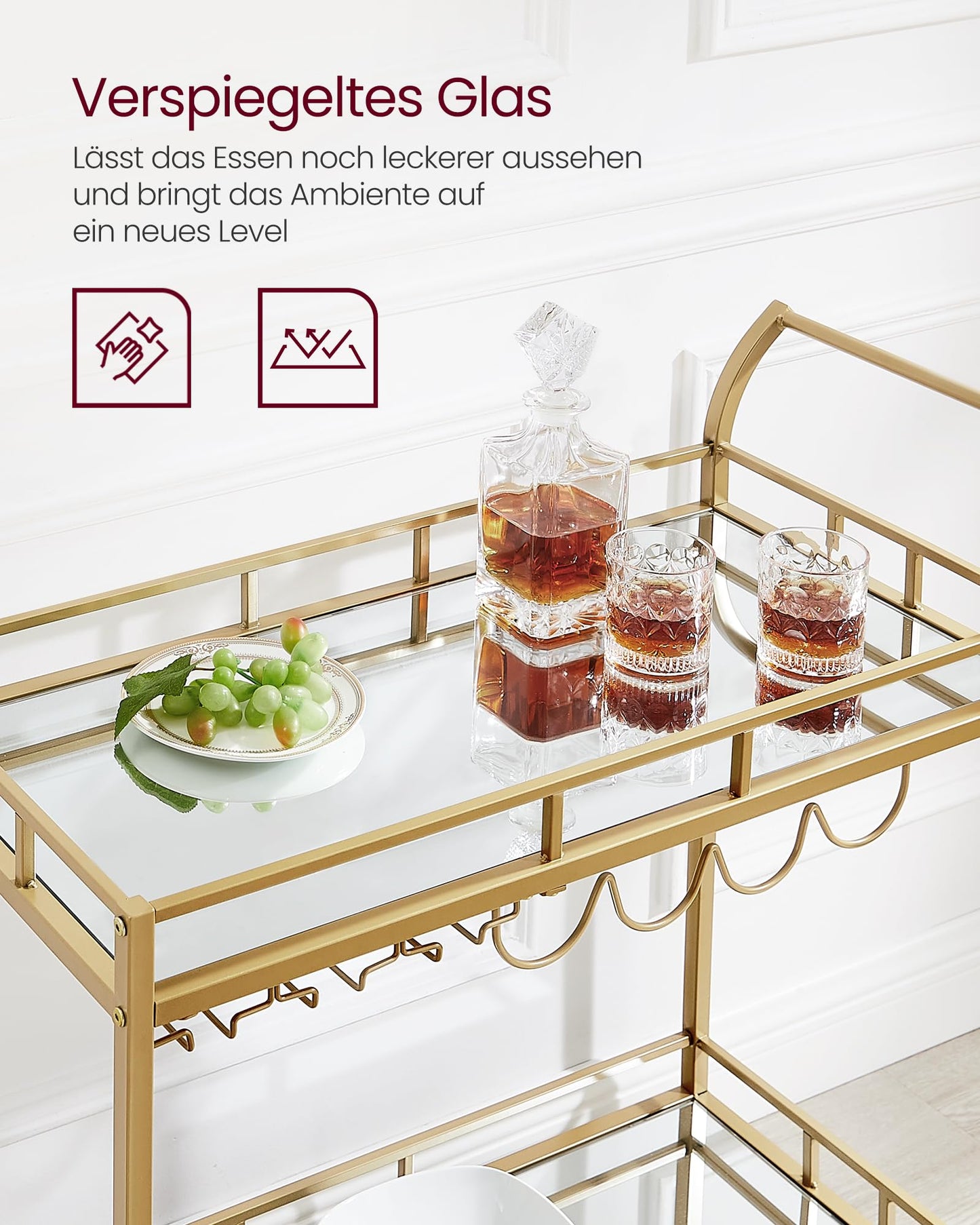 VASAGLE Servierwagen, Rollwagen, Gläserhalter, 2 verspiegelte Glasablagen, Barwagen, Weinwagen, für Küche, Esszimmer, Bar, goldfarben LRC090A03