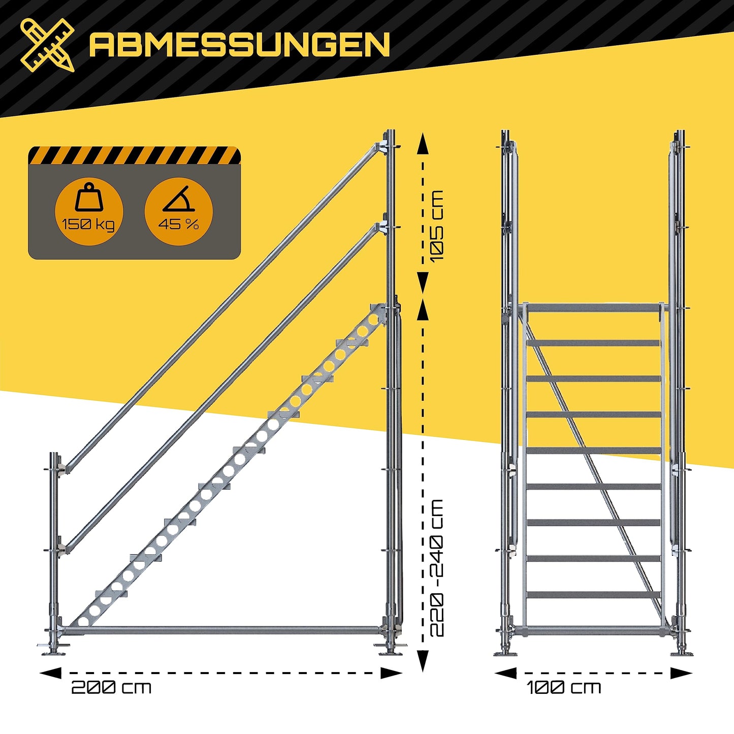 Scafom-rux Feuerverzinkte Bautreppe - [10 Stufen inkl. Geländer & Bausatz] Außentreppe - 2 Meter Höhe, 80 cm breit, Treppe außen - Stahltreppen für Gerüst & Garten - Aussentreppen Stahl