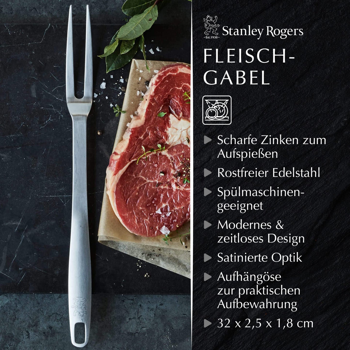 Stanley Rogers – Fleischgabel aus rostfreiem Edelstahl – Grillgabel für Fleisch in satinierter Optik – Spülmaschinenfestes Küchen Zubehör