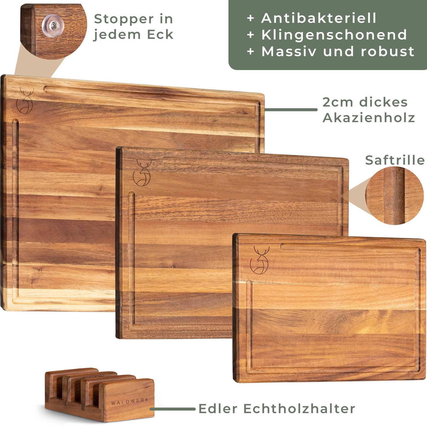 WALDWERK Schneidebrett 3er Set (40x30 / 33x24 / 26x18cm) aus massiver Akazie - Schneidebretter mit Brettständer - 2cm dicke Holzbretter mit Saftrille - Design Schneidebrett Set