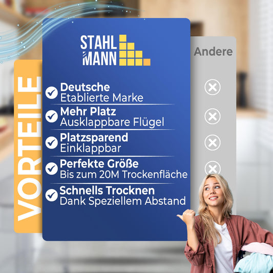 STAHLMANN ® Wäscheständer ausziehbar [20M Trockenfläche ] - Wäscheständer XXL [Made IN EU] - Wäscheständer schwarz mit Klemmen für kleine Wäschestücke - Wäscheständer platzsparend