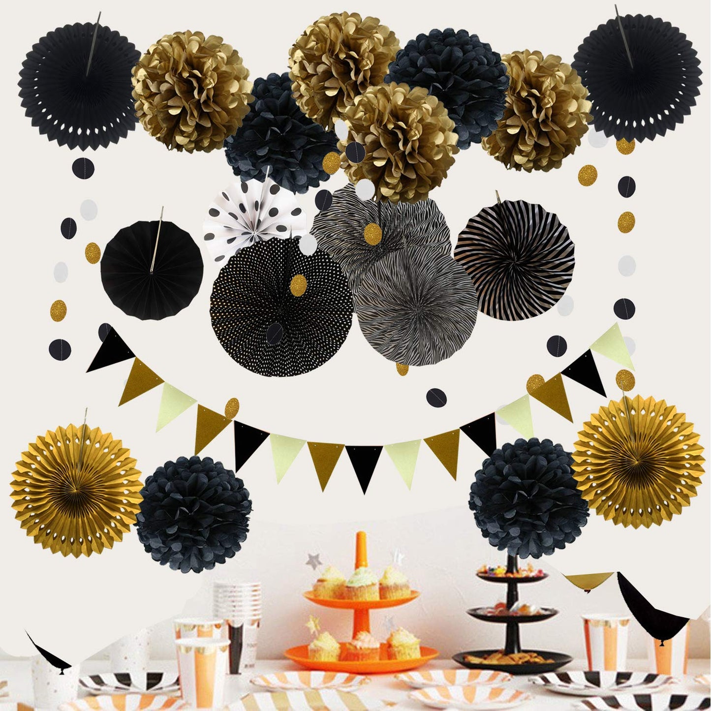 ZERODECO Party Dekoration Papier-Bommeln, Aufhängen Fächer, Dreieckige Wimpel und hängende Glitter Punkt Papier Girlande für Party Hochzeit Geburtstag Festival Weihnachten Karneval 21 Stück