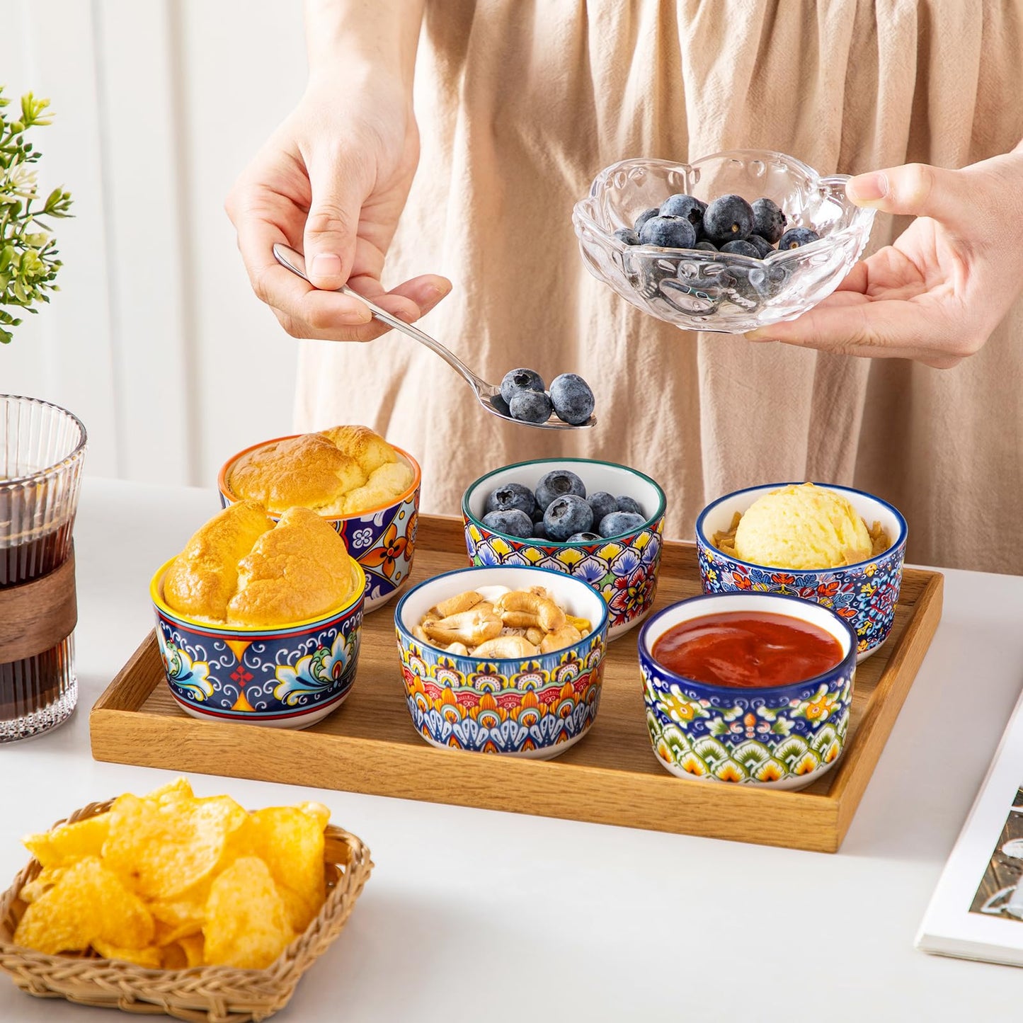 vancasso Serie SIMI, Souffle Förmchen zum Backen 6er Set, 120ml Creme Brulee Schälchen, Souffleeförmchen Backofenfest, Ofenfeste Creme Brulee Schalen, Vibrant Bohemian Mini Auflaufform