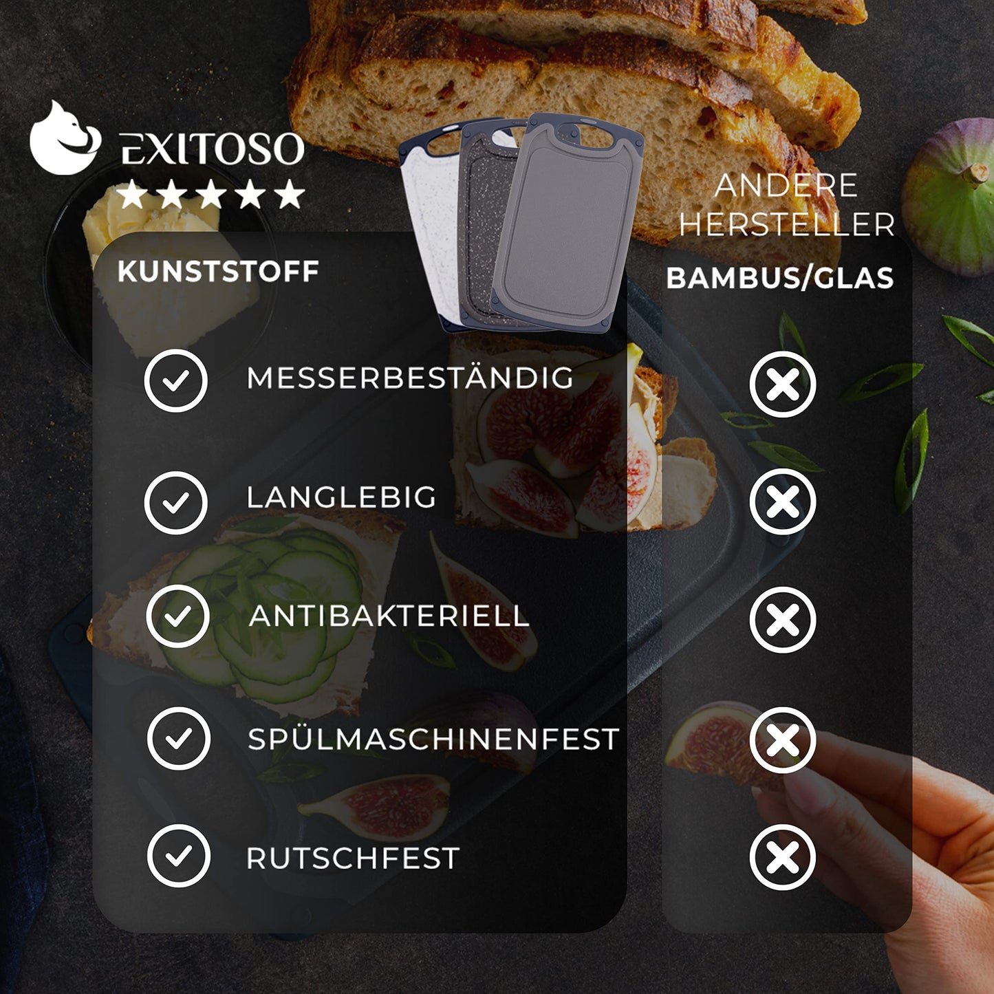 Exitoso Schneidebrett 3er Set mit Saftrille - Schneidebrett spülmaschinenfest und rutschfest - Marmoroptik weiß Schneidebrett Kunststoff BPA frei - Schneidebrett Kunststoff groß Schneidebrett Set