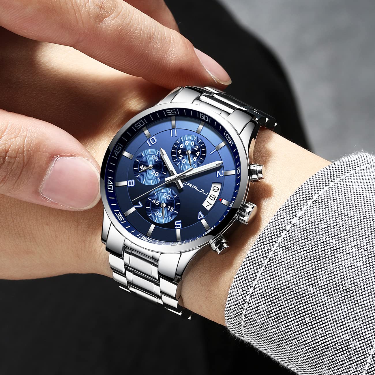 CRRJU Herren Uhr wasserdichte Chronographen Armbanduhr Männer Edelstahlarmband Business Analog Quarzuhr mit Kalender (A Blau)