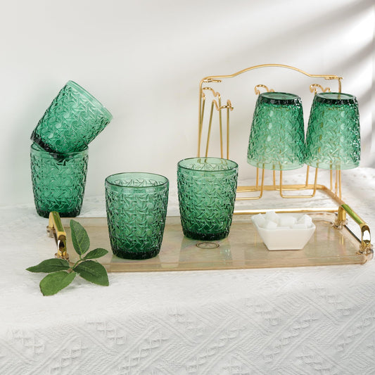 Joeyan 300ml Grün Gläser Set 6 Teilig,Vintage Trinkgläser Bunt mit Geprägtem Design,Farbig Wassergläser Spülmaschinenfest