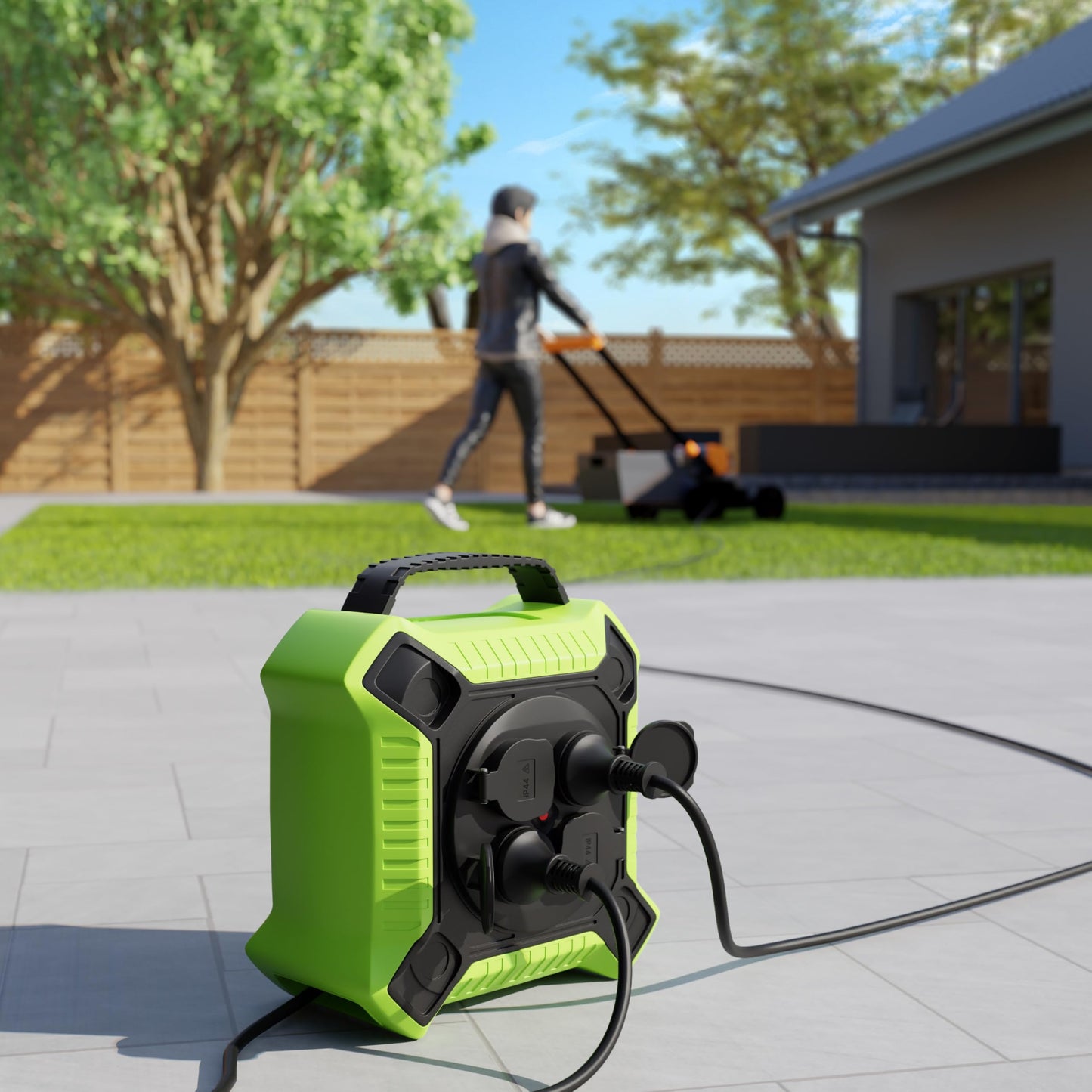 MutecPower Kabeltrommel 15m Outdoor IP44 mit 4 schutzkontaktsteckdosen, kabelrolle außen H05RR-F 3G1,5 Schwartz/Grün