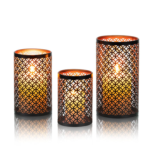 Romadedi Kerzenhalter Metall Teelichthalter Schwarz & Gold - 3er Set Kerzenständer für Teelichter Kerzen Orientalisches Aushöhlen Windlicht Vintage Wohnzimmer Tischdeko Innen Außen Deko 20/16/13cm