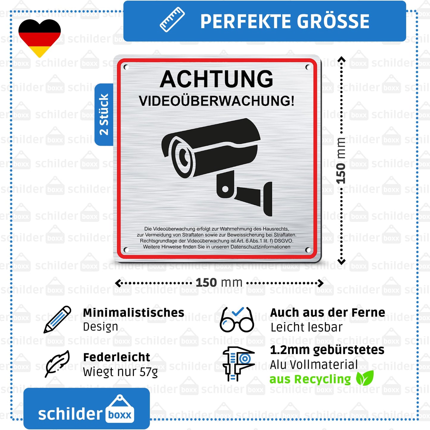 SCHILDERBOXX® 2er Set Schild Videoüberwachung DSGVO [15x15cm, 100% Alu, 4x Bohrlöcher] - Ideales Hinweisschild Videoüberwachung Aufkleber, Grundstück Videoüberwacht Schild, Kamera Überwachung Schild