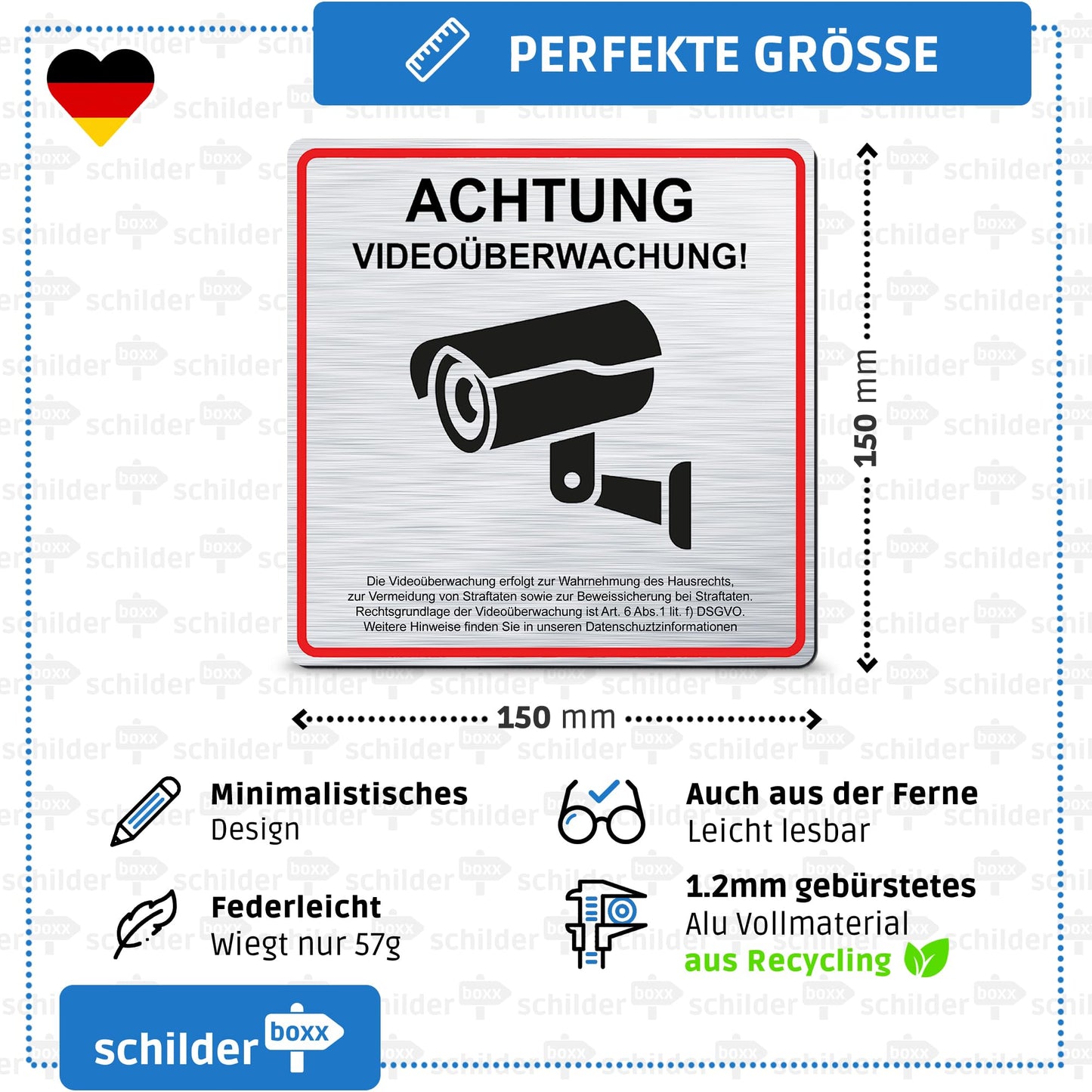 SCHILDERBOXX® Schild Videoüberwachung DSGVO [15x15cm, 100% Alu, 3M Tape] - Aufkleber Videoüberwacht Privatgrundstück, Kameraüberwachung Grundstück Video Überwacht, Achtung Kamera Überwachung