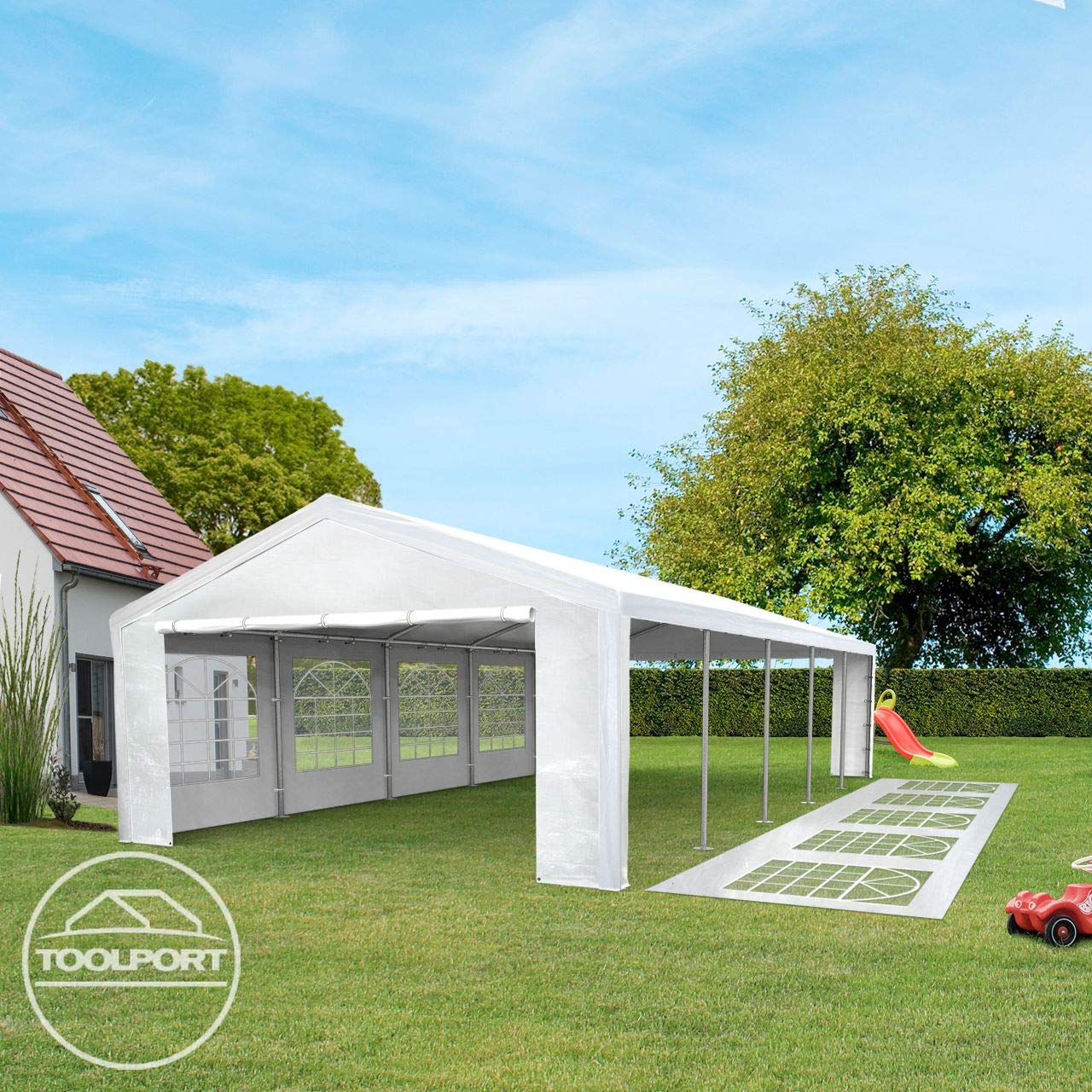 TOOLPORT Partyzelt Pavillon 4x5 m in weiß PE Plane 350 N Wasserdicht UV Schutz Festzelt Gartenzelt