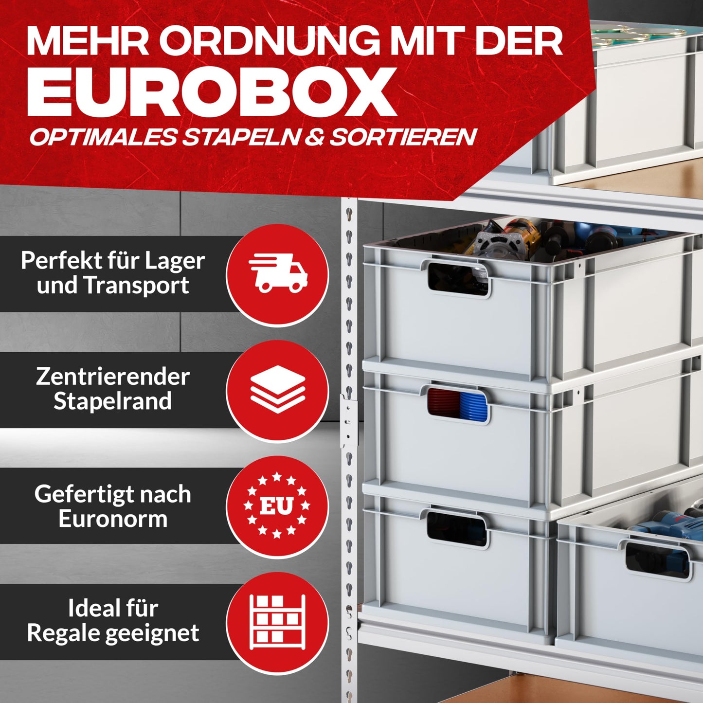 aidB Eurobox NextGen Economy 600x400x220mm – Robuste Aufbewahrungsbox 44L – Stapelbare Kunststoffbox mit offenen Griffen – Plastikbox für Lager, Transport & Aufbewahrung – Industriequalität - Grau