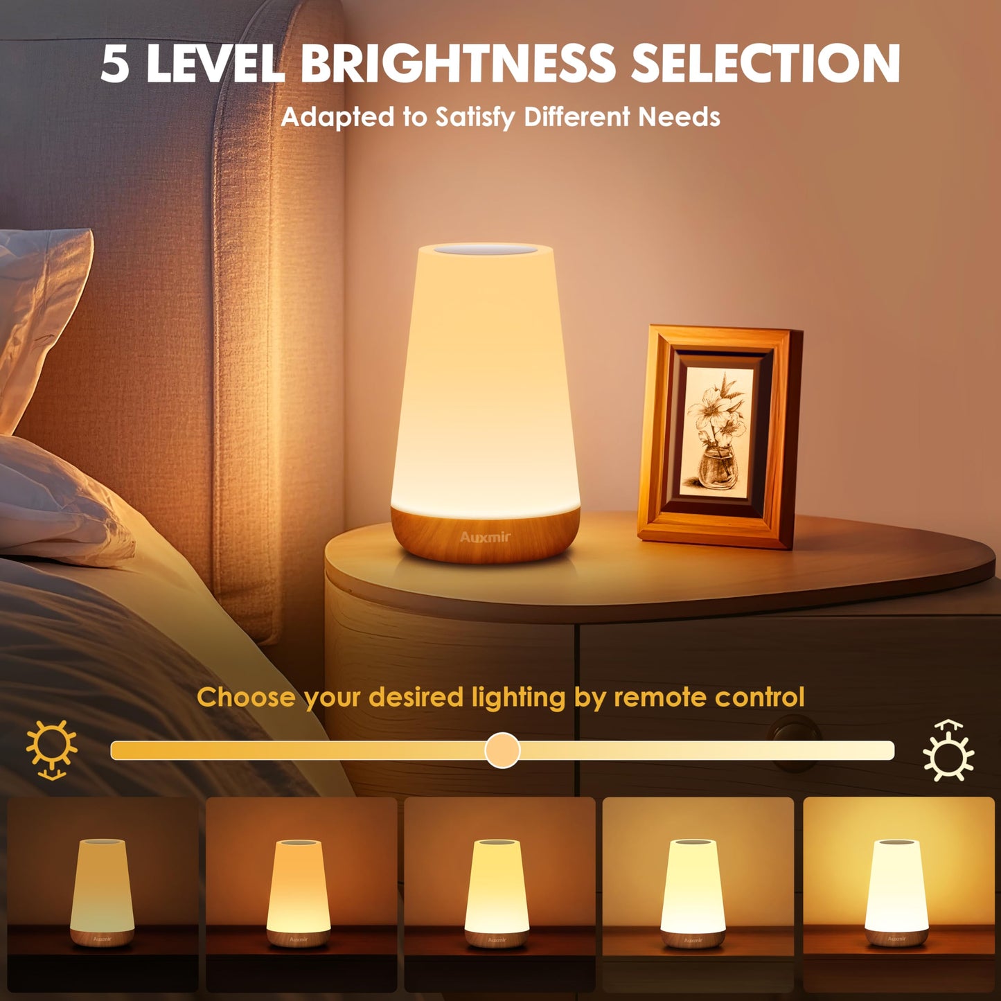 Auxmir Nachttischlampe Nachtlicht Touch Dimmbar mit 13 Farben und 4 Modi, LED Tischlampe USB Aufladbar mit Fernbedienung, Nachtlampe mit Timing Funktion für Schlafzimmer Wohnzimmer, Hellbraun