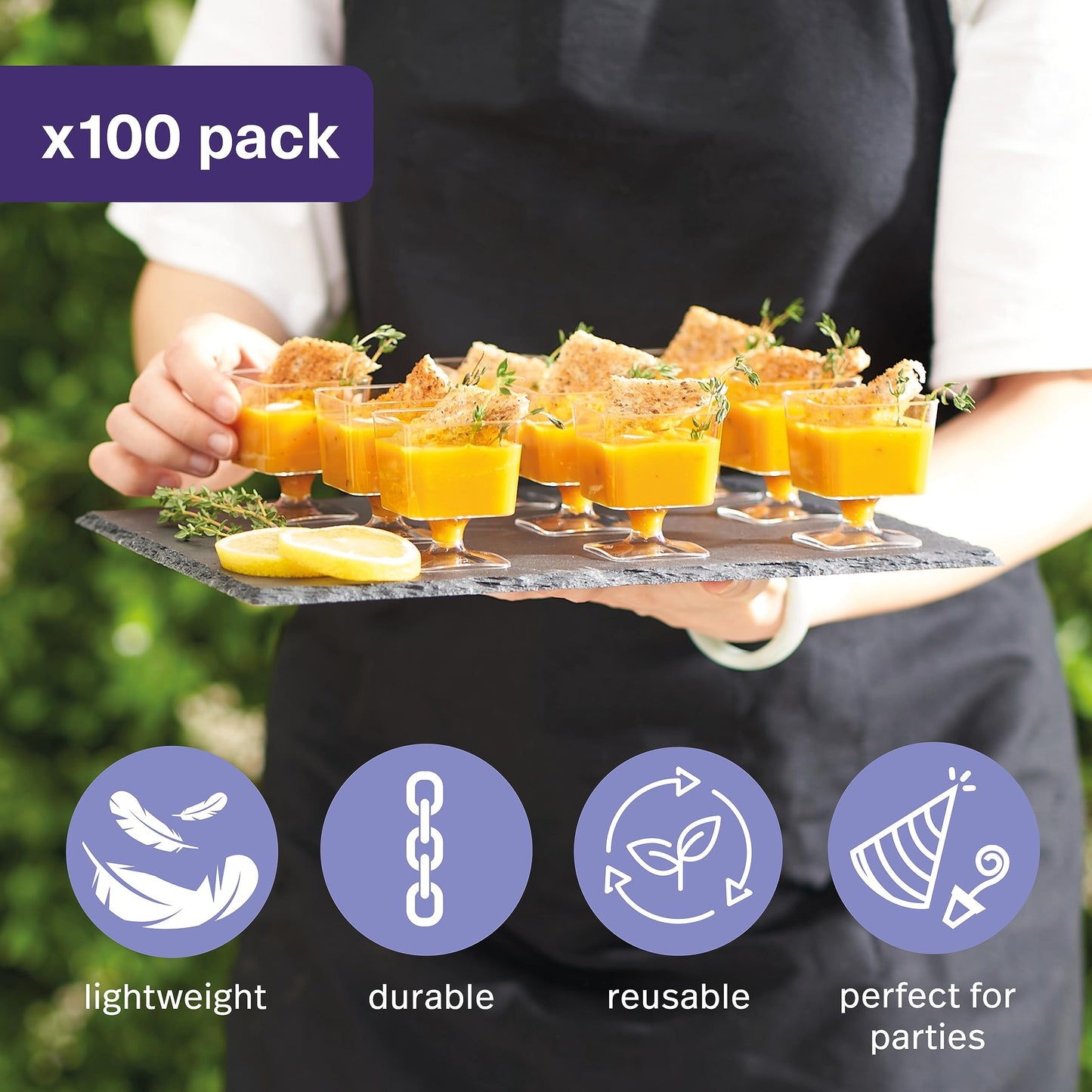 MATANA 100 Mini Plastik Dessertschalen, Dessertgläser mit Fuß für Partys, 60ml - Kleine Dessert Schalen, Dessertbecher, Plastikbecher Nachspeise