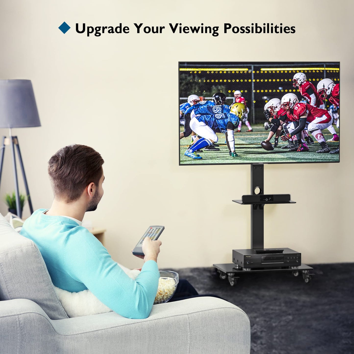 BONTEC TV-Ständer mit Rollen für 30-70 Zoll Plasma-/LCD-/LED-Bildschirme bis 40 kg, 6 Höhenverstellungen mit 2-stufigen Ablagen aus gehärtetem Glas, MAX VESA 600 x 400 mm