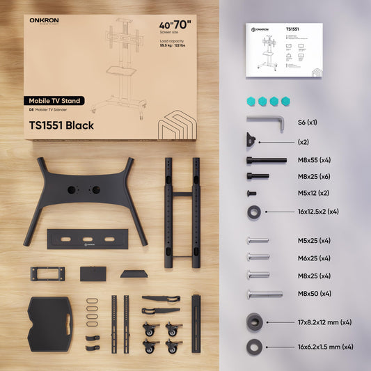 ONKRON TV Ständer rollbar für 40-70 Zoll TVs bis zu 45,5 kg - Fernsehständer höhenverstellbar max VESA 600x400, professioneller Fernseher Rollwagen/TV Wagen mit Rollen Schwarz TS1551-B