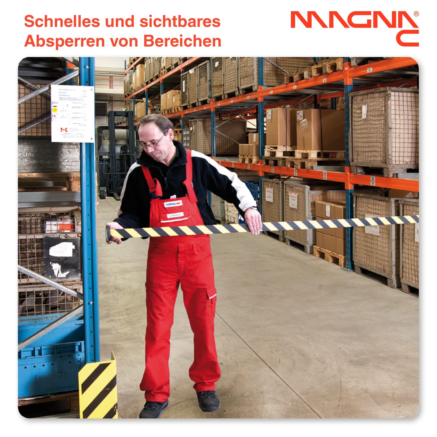 Magna-C® Absperrband mit starken Magneten | aufrollbar | Ideal für Absperrungen | Schwarz-Gelb | 4,6m
