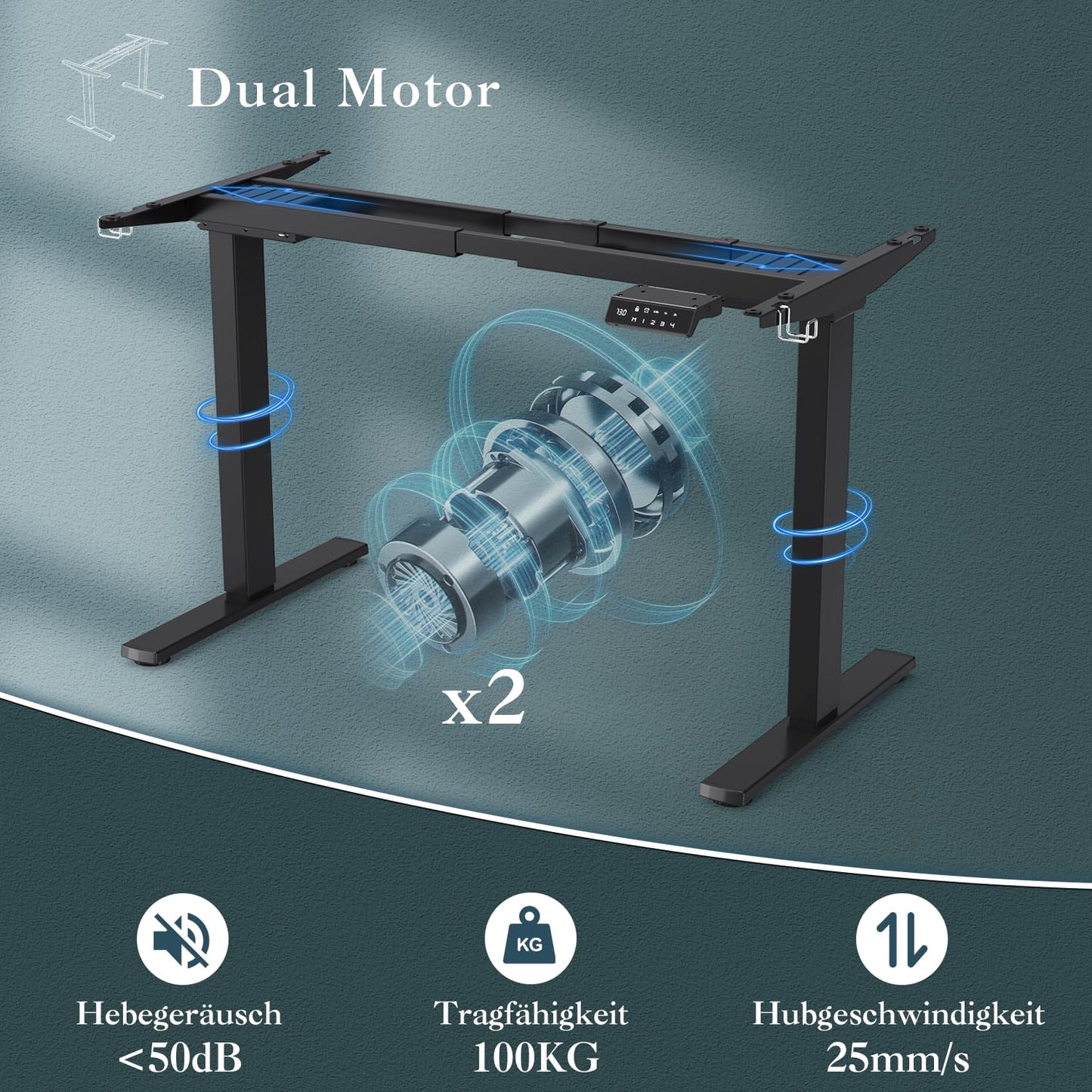 Elektrisches Tischgestell höhenverstellbar – Dual-Motor Schreibtischgestell mit USB & Rollen, Schwarz