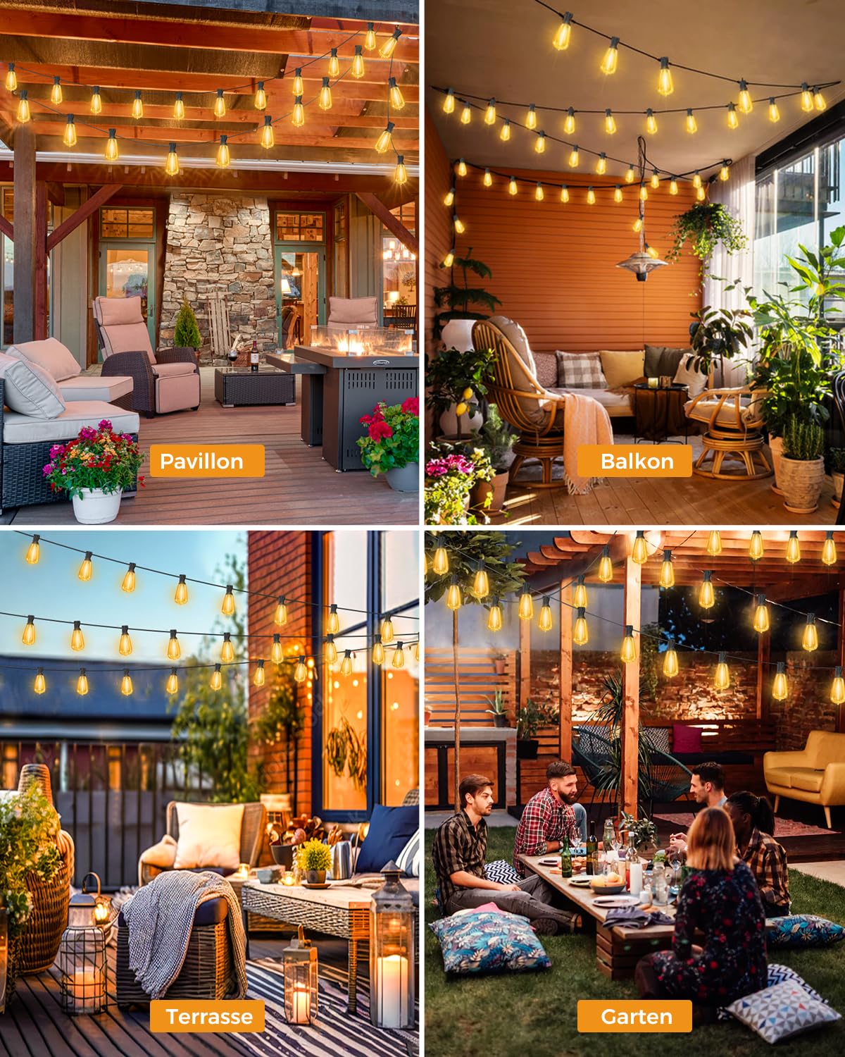 litogo LED Lichterkette Außen Dimmbar mit Timer, 35.3M Deko Lichterkette Aussen Strom mit Retro Warmweiß Glühbirnen Plastik, Wetterfest lichterketten für Garten Balkon Party Pavillon Terrasse