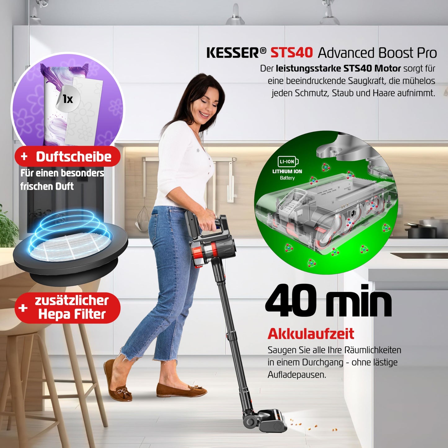 KESSER® Akku-Staubsauger 2in1 | Handstaubsauger ohne Beutel mit HEPA-Filter | Akkusauger bis 45 Min. Laufzeit + Fugendüse & Staubbürste | LED-Licht XL Staubbehälter für Hartböden Teppich Tierhaare