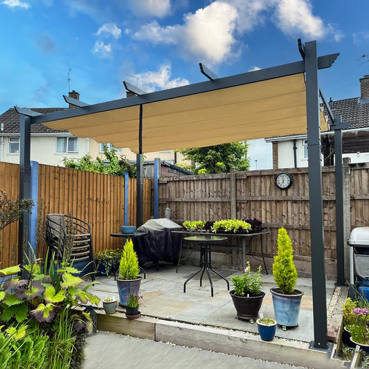 PURPLE LEAF Pergola 3 x 4 m Wasserdicht Stabil Winterfest, Aluminium Gartenpavillon mit Wetterfestes Schiebedach, Terrassenüberdachung Freistehend, UV-Schutz, Beige