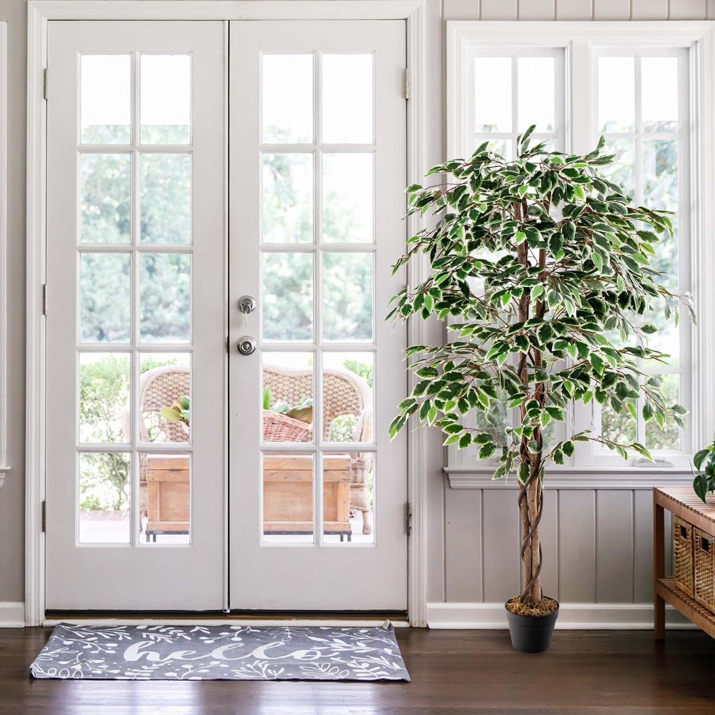 COSTWAY 160 cm Kunstpflanze grün, Künstliche Pflanze Ficus Benjamin, Dekopflanze mit natürlichem Holzstamm & Blättern, Zimmerpflanze Deko, Kunstbaum Innendekoration, für Zuhause Garten Büro