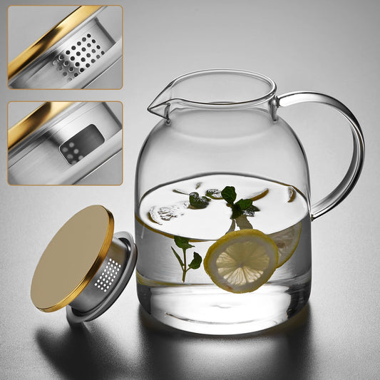 MESNEY Karaffe 2 liter, Wasserkaraffe, Glaskaraffe mit Deckel und Auslauf, Borosilikatglas Wasserkaraffe, Spülmaschinenfest, Getränkekanne für hausgemachten Eistee und Saft