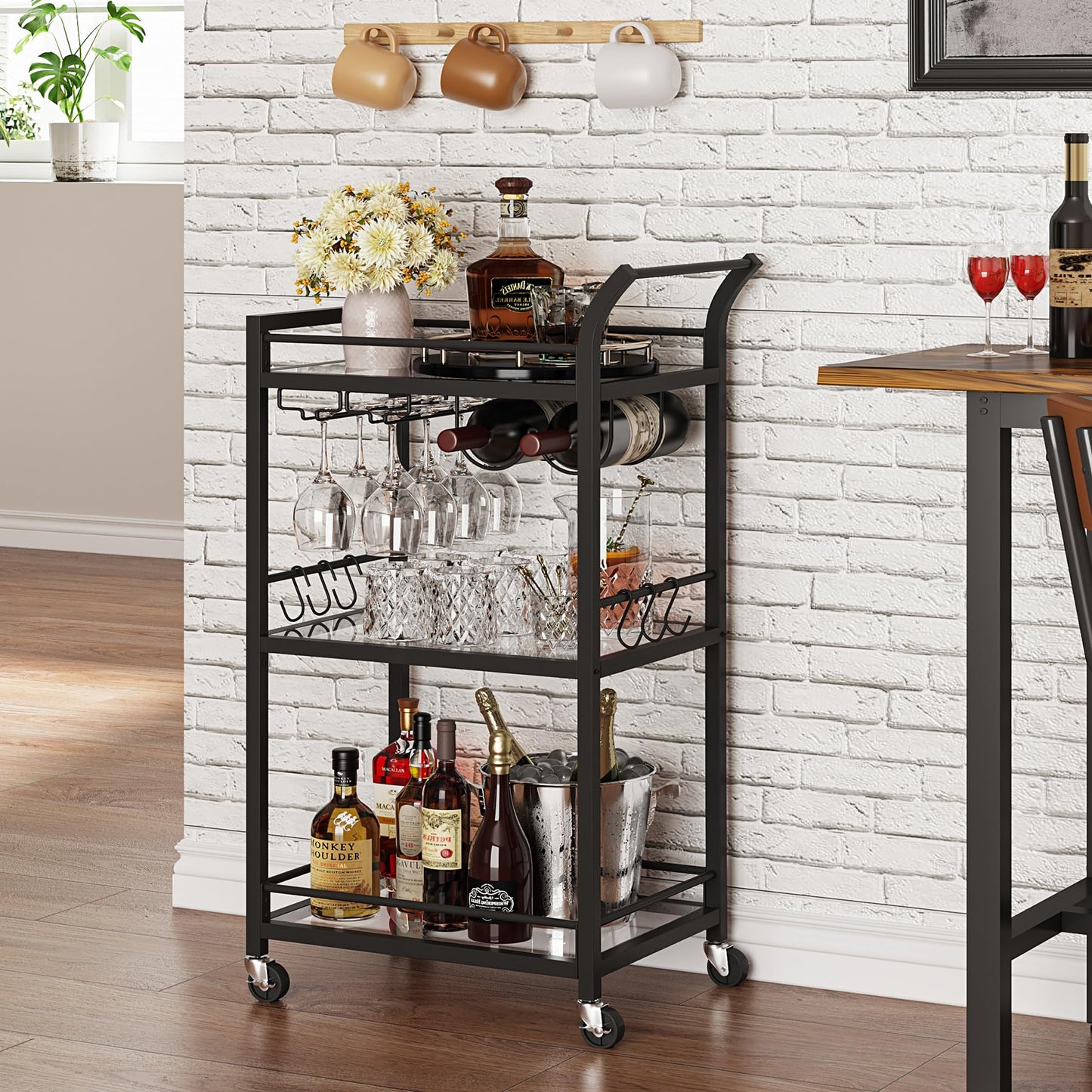 TUTOTAK Barwagen Home Bar Servierwagen Mikrowellenwagen Getränkewagen Mobiles Küchenregal mit 3 Ebenen Spiegelregal Weinhalter Glashalter Rollender Getränkewagen Schwarz BC01BK034