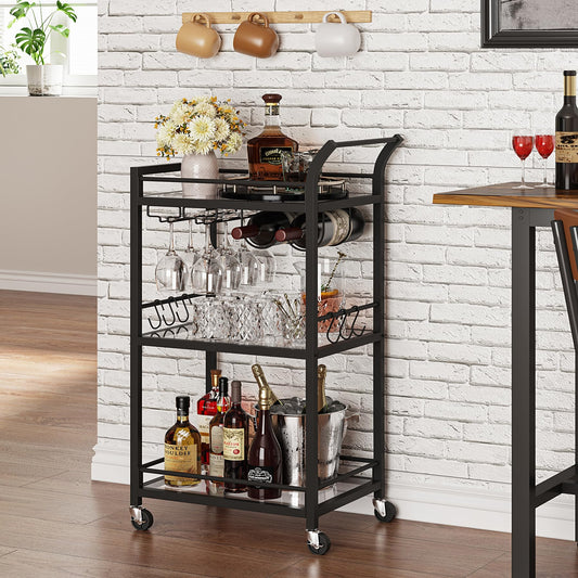TUTOTAK Barwagen Home Bar Servierwagen Mikrowellenwagen Getränkewagen Mobiles Küchenregal mit 3 Ebenen Spiegelregal Weinhalter Glashalter Rollender Getränkewagen Schwarz BC01BK034