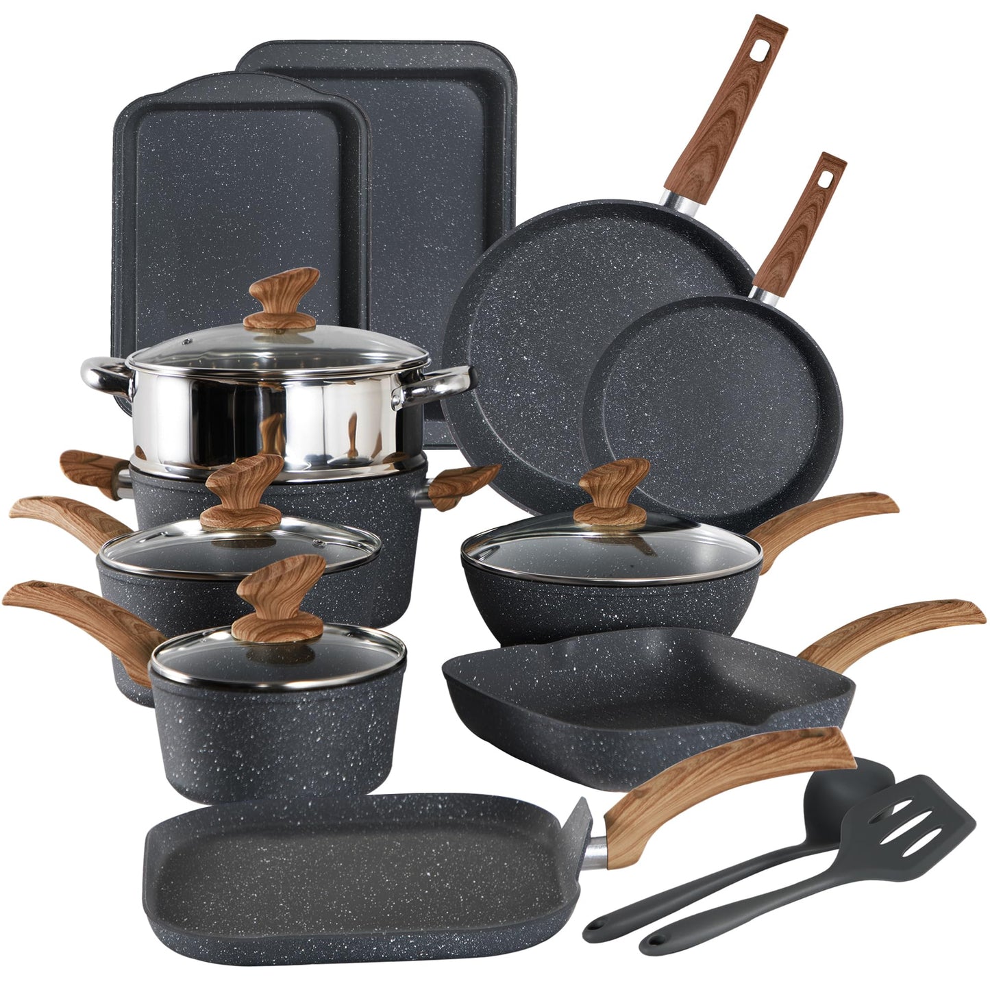 Kitchen Academy Induktions Töpfe Set 17-teilig, Kochtopf Set mit Glasdeckeln, Granit Töpfe und Pfannen Set Schwarz