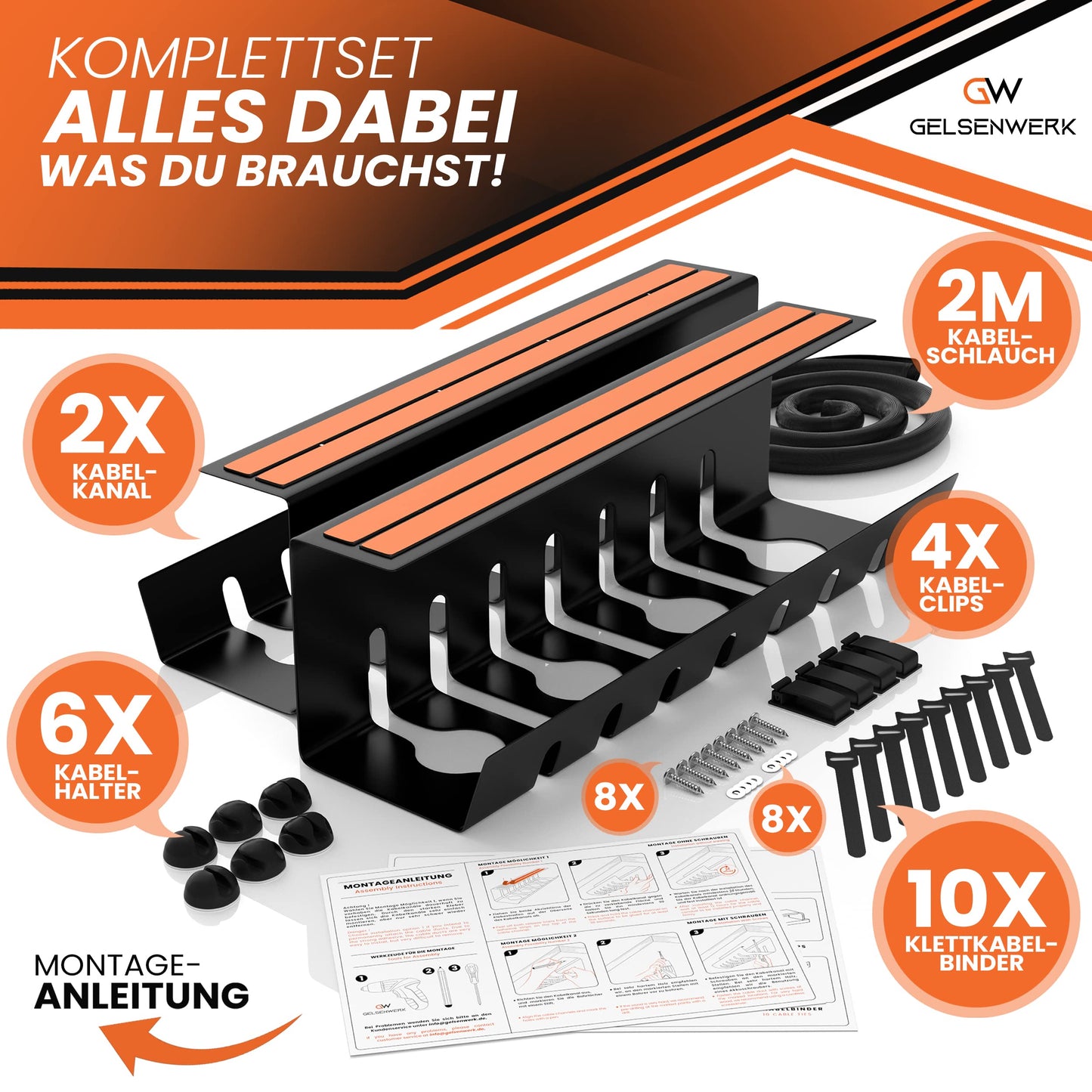 GELSENWERK® 2er Set Kabelkanal Schreibtisch Schwarz ohne Bohren - Kabelhalter 43x12x12cm inkl. Kabelschlauch - Kabelwanne für ordentliches Kabelmanagement am Arbeitsplatz und Ordnung im Büro