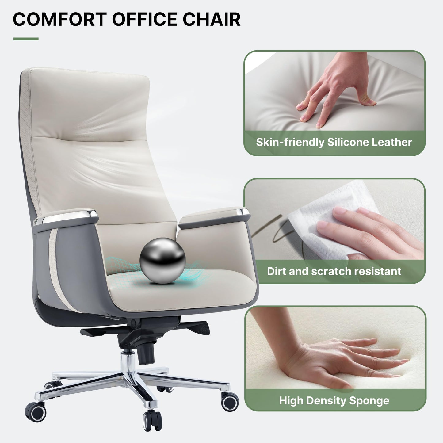 EUREKA ERGONOMIC Hochlehner Bürostuhl, Executive Drehstuhl mit extra breitem Sitz, Ergonomischer Schreibtischstuhl Leder für das Home Office, maximal 136 KG, Beige & Grau