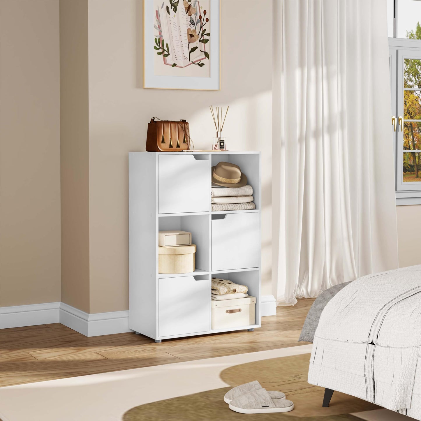WOLTU Bücherregal Bücherschrank Standregal Aufbewahrungregal Raumteiler Büroregal Aktenschrank, mit 3 Türen, 6 Fächer, 29 x 91 x 59,6 cm,Weiß SK001ws