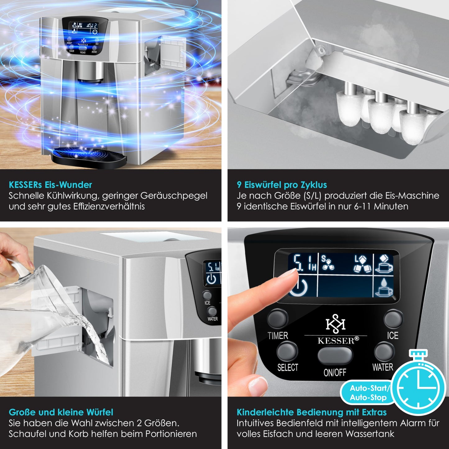 KESSER® Eiswürfelbereiter | Eiswürfelmaschine Edelstahl | 100W Ice Maker | 12 kg 24 h | 2 Würfelgrößen | Zubereitung in 6 min | 2 Liter Wassertank | Timer | LCD-Display | Wassertank, Silber