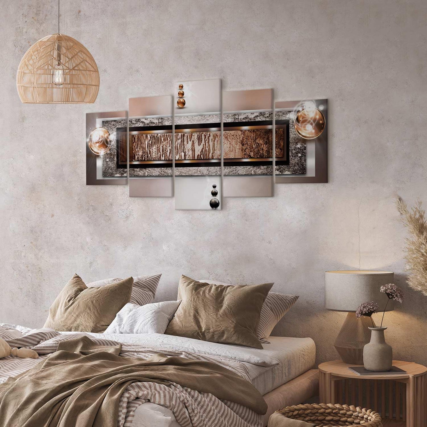 murando - Wandbilder XXL Abstrakt 200x100 cm 5 tlg Wand Deko Leinwand Grosse Bilder Groß Wanddeko Wohnzimmer Schlafzimmer Moderne Kunstdrucke - Textur Perlen Struktur Bronze Beige Glamour 020101-216