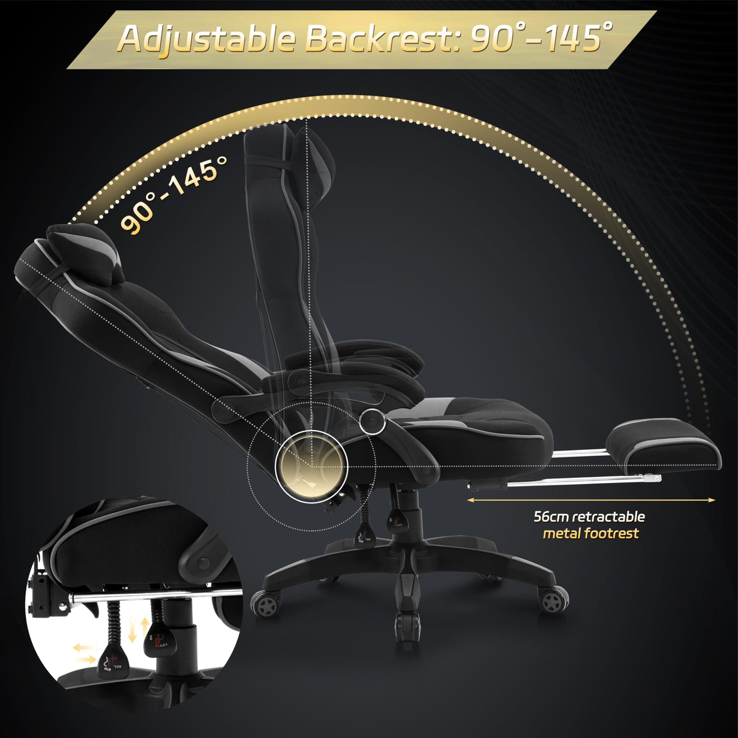 WOLTU Gaming Stuhl Stoff Atmungsaktiv Bürostuhl Gaming Chair Ergonomisch mit Lendenkissen, Gamer Stuhl 150 kg Belastbarkeit PC-Stuhl mit Große Rückenlehne & Sitzfläche, Schwarz+Grau