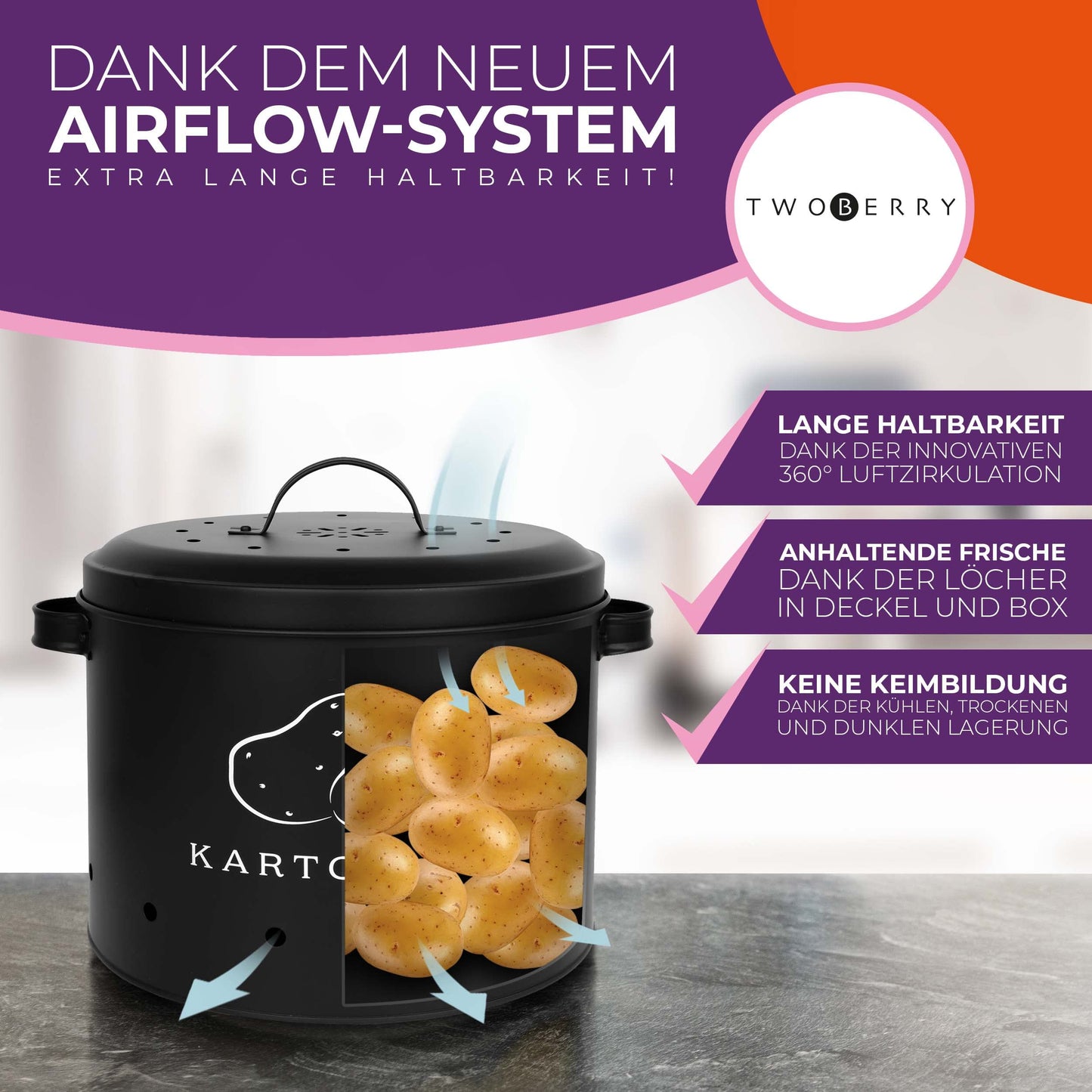 TWOBERRY Kartoffel Aufbewahrungsbox [3er Set] inkl. Sparschäler- längere Haltbarkeit durch 360° Luftzirkulation - Zwiebel , & Knoblauch Aufbewahrung Küche