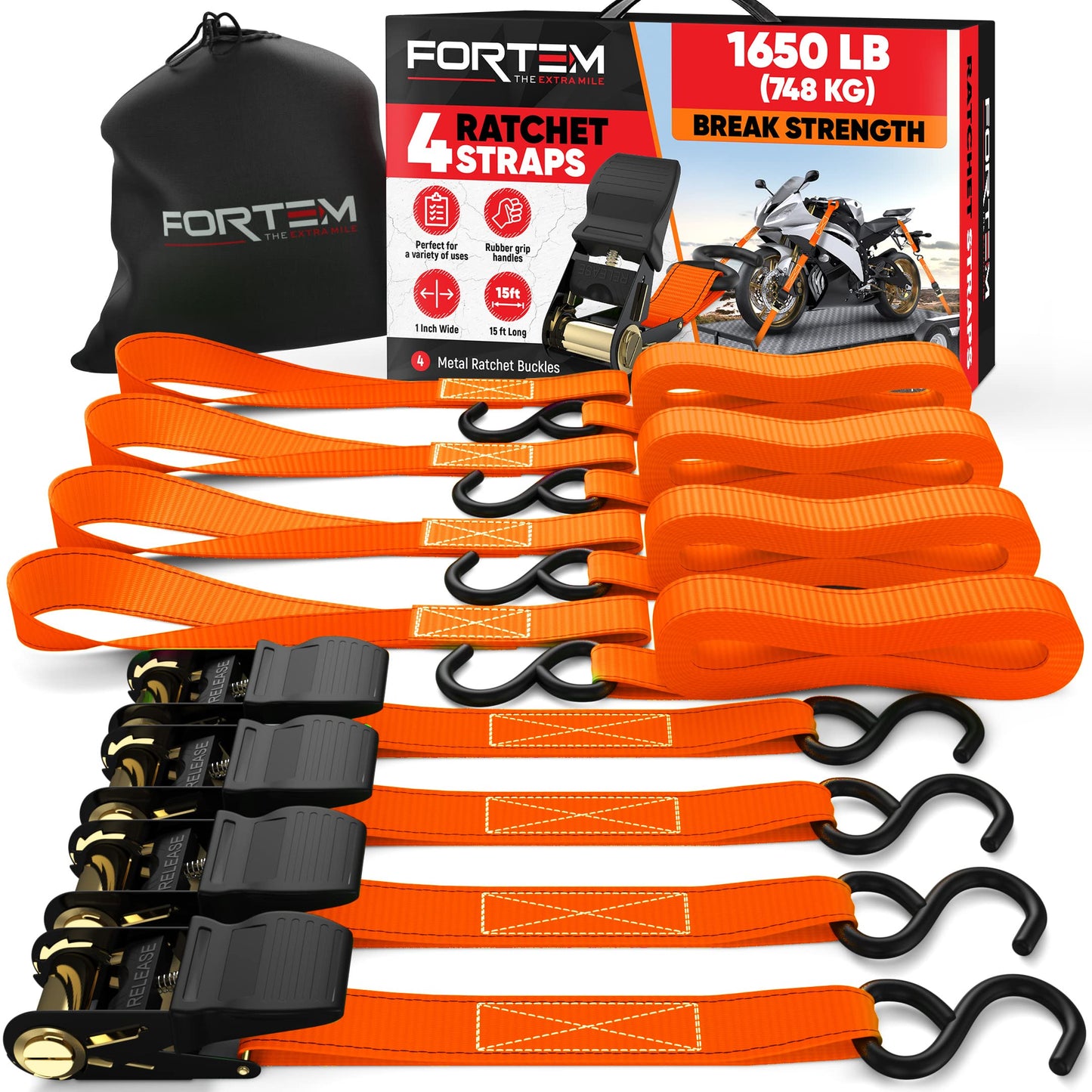 FORTEM Spanngurte, 748 kg Bruchfestigkeit, 4 x 4,57 m Spanngurte mit Ratsche - 4 Weiche Zurrschlaufen, Zurrgurte Spanngurte mit Haken aus Beschichtetem Metall - Gummigriffe - Tasche (Orange)